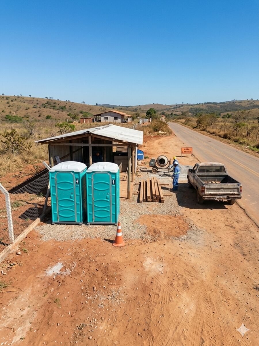 Banheiros químicos em obra rodoviária para frente de serviço em Goiás
