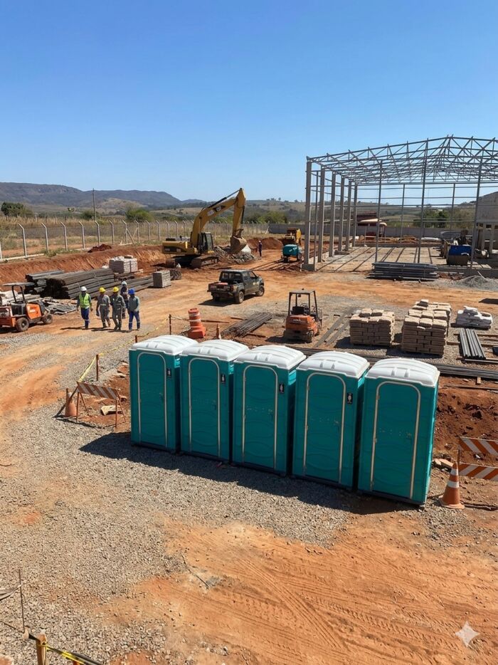 Sanitários químicos em grande canteiro de obra da construção civil